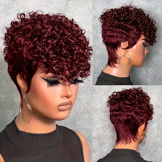 Kinky Curly Human Hair Bang Wig Remy Hair Wigs for Women Natural Color 99J Color Machine Made Wig
