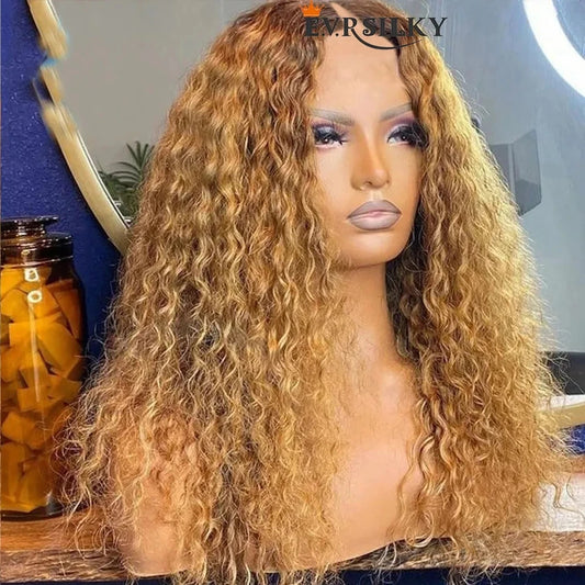 Ombre Honey Golden Blonde Bouncy Curly V Part Wig Unprocessed 100% Human Hair Wig Water Wave U Part Wigs Adjustable 250Density