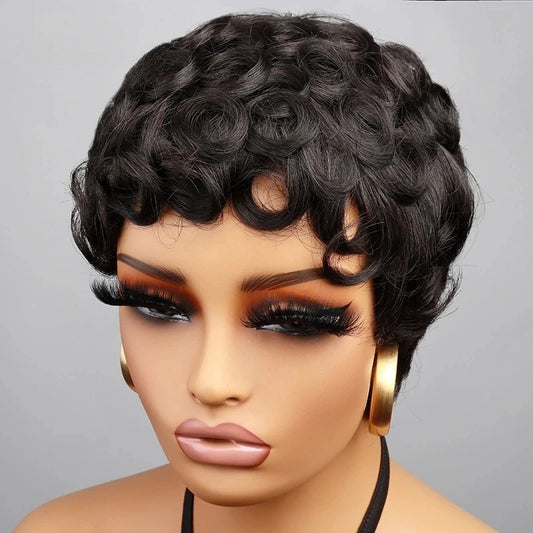 150% Density Short Curly Pixie Cut Human Hair Wigs #1B Natural Black Full Machine Made Brazilian Remy Hair Short Bob Wig for Wom