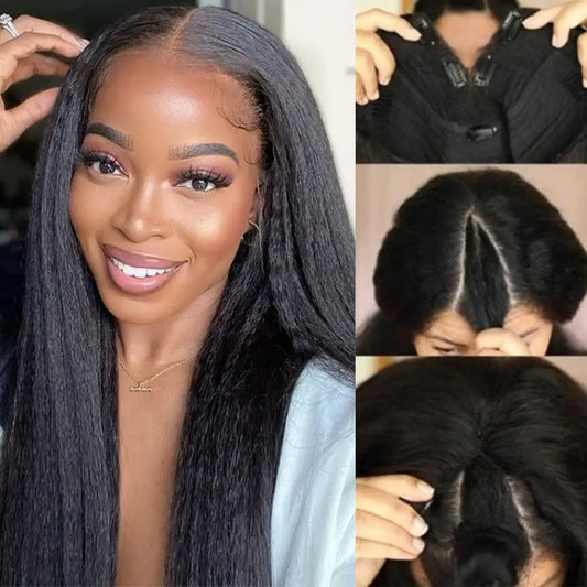 V Part Wig Kinky Synthetic Straight Wigs Upgrade U Part Human Hair Wig for Women No Leave Out No Sew In 200% Density Natural Col