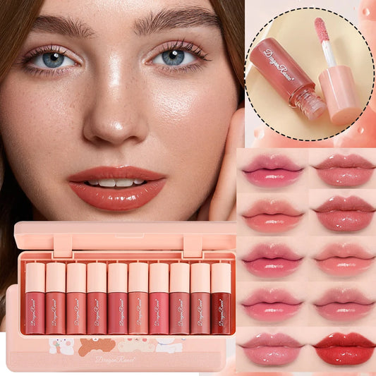 Set of 10 Fine Shimmer Lip Glosses, Easy-To-Apply Lip Glaze, Non-Stick, Non-Fading, Moisturizing, Shiny Lip Gloss, Glass Lip Gloss with Fine Shimmer and Pearlescent Effect