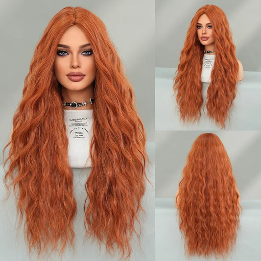 PARK YUN Long Wavy Curly Orange Wigs for Women Natural Mid Parting Synthetic Wigs Daily Use Heat Resistant Party Fake Hair