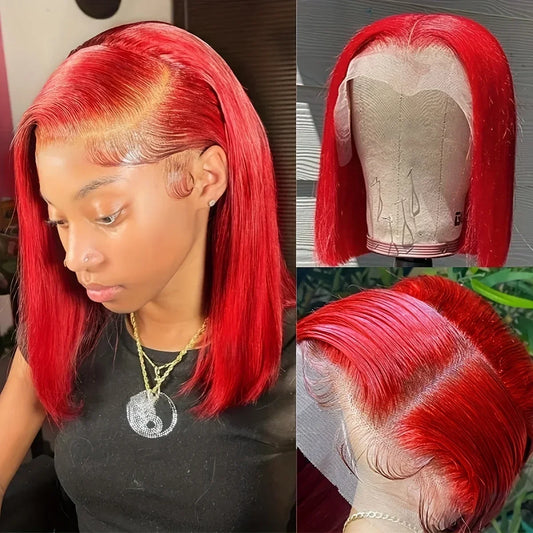  Red Colored Short Bob  Wig 180% Density13x4 Lace Front Wigs  Straight Human Hair Wigs 100%Human Hair Quality UmamusementCosp