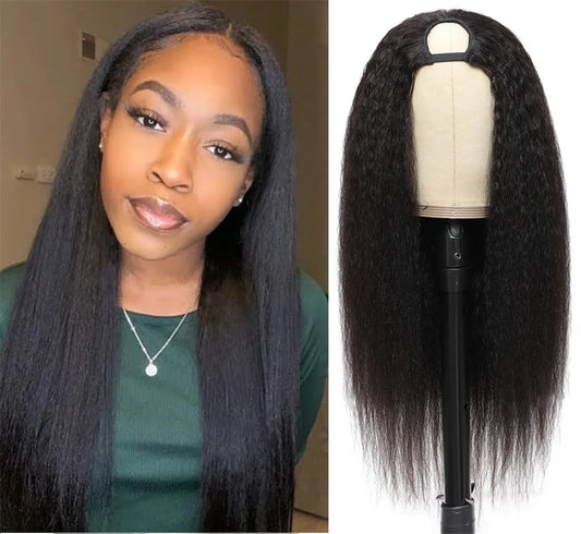 U Part Kinky Straight Wig Human Hair for Women Brazilian Yaki Straight Machine Made Human Hair Natural Color 180% Density