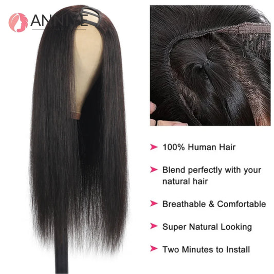 U Part Machine Made U Part Wig Human Hair Straight Wig Glueless U Part Wig Human Hair Wigs Blend with Your Own Hairline ANNIYE