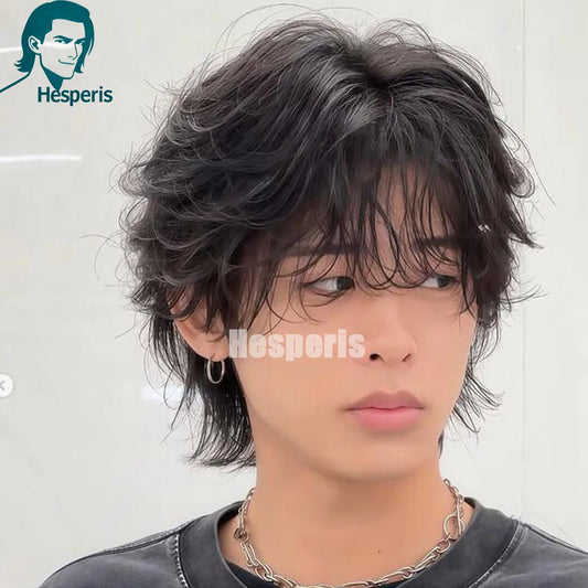 Hesperis Natural Wavy Lace Front Human Hair Wig With Bangs Remy Hair Short Pixie Cut Wig For Male Handsome Male Hair Style