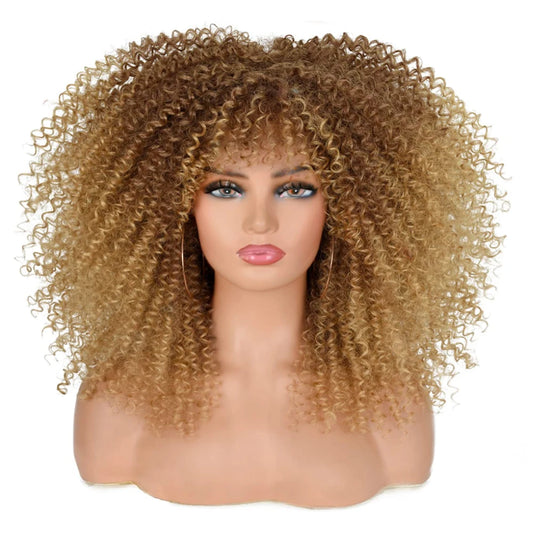 Curly Wigs for Black Women Afro Curly Wig with Bangs Synthetic Fiber Machine Made Glueless Kinky Curly Hair Blonde