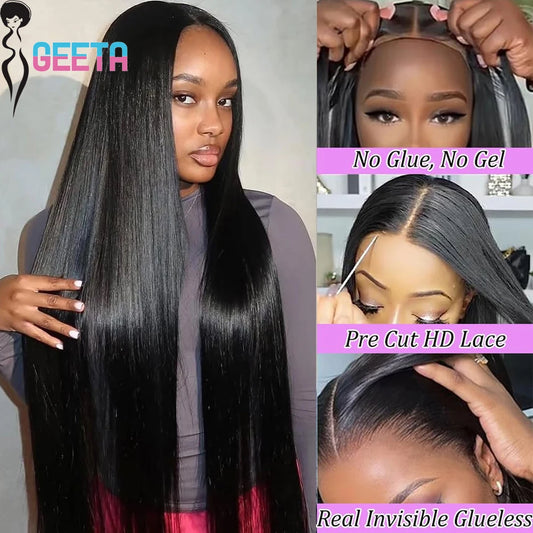 Geeta Glueless Wigs Human Hair 300% 250% Wear And Go Glueless Wigs 100% Human Hair 6x4 7x5 Bone Straight Pre-Cut Lace Front Wig