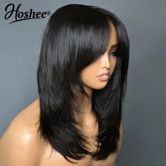 Wear And Go Wig With Layered Bang Glueless Ready To Wear Straight 13x4  lace Human Hair Wigs For Women 4x4 Lace Closure Wig 250%